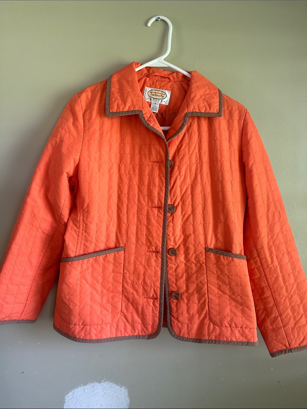 Talbots Bright Orange Quilted Button-Front Puffer Jacket with Brown Trim